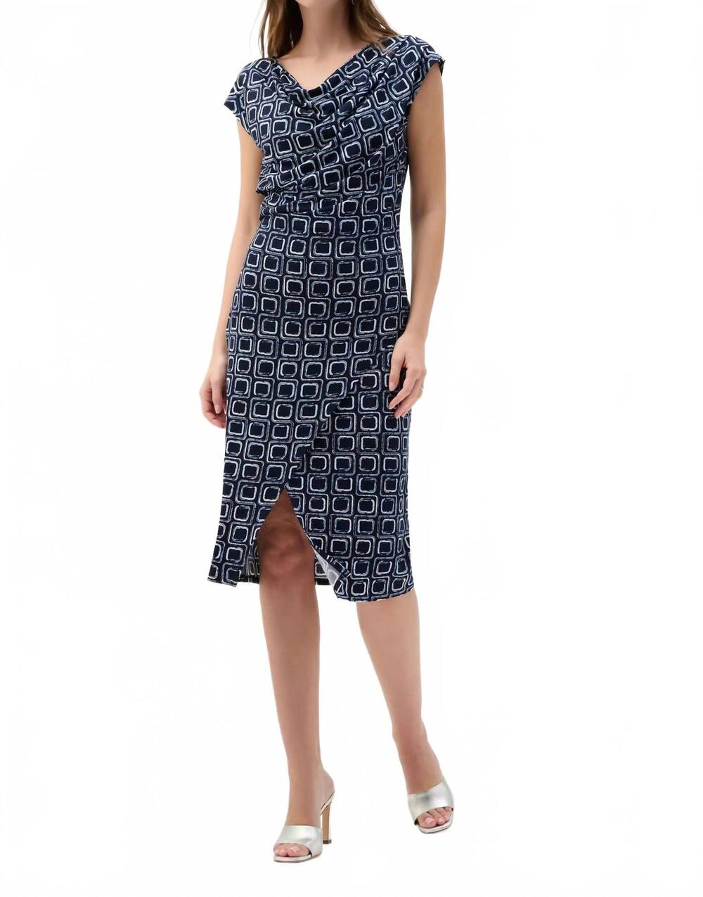 NEW JOSEPH RIBKOFF geometric cowl wrap dress in midnight blue
